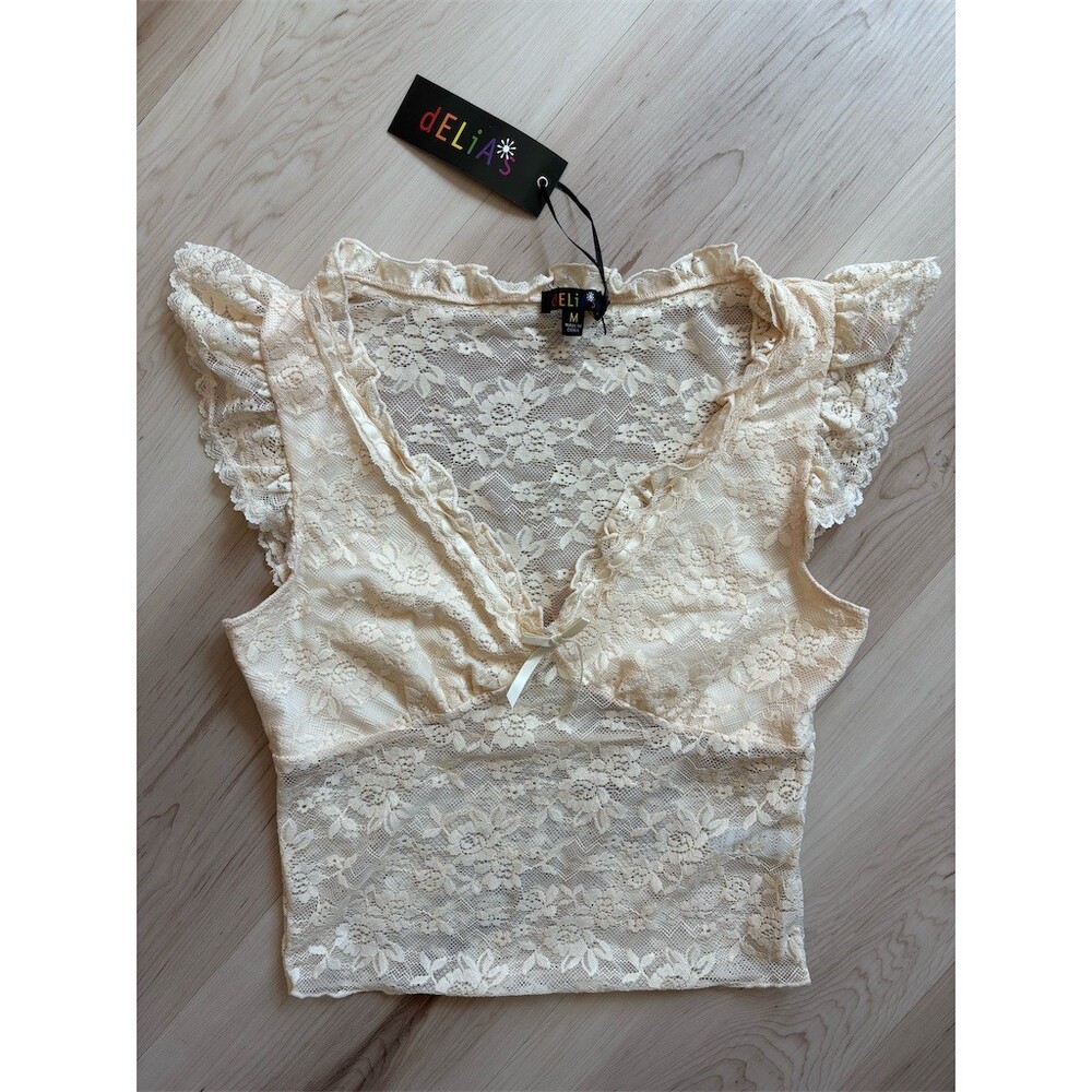 dELiA*s by Dolls Kill Blouse Womens M Ivory Sheer Floral Lace Cropped NWT